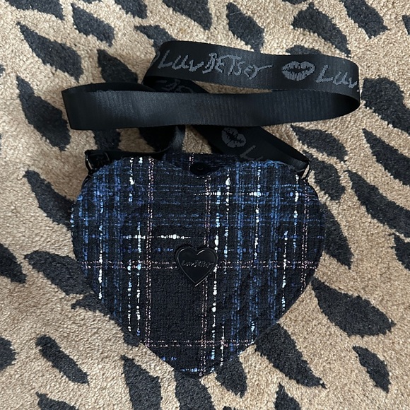 Betsey Johnson Handbags - Luv Betsey Heart Crossbody Bag in Navy Tweed Plaid w/Guitar Strap • NWOT